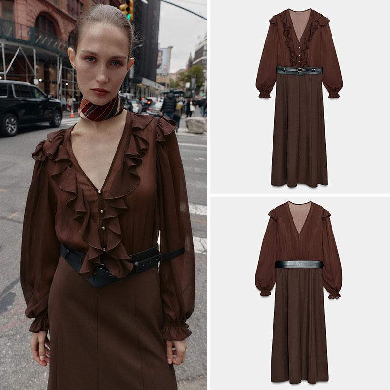 Ethnic Fashion Wear For Women - Elegant V-Neck Long Sleeve Midi Dress